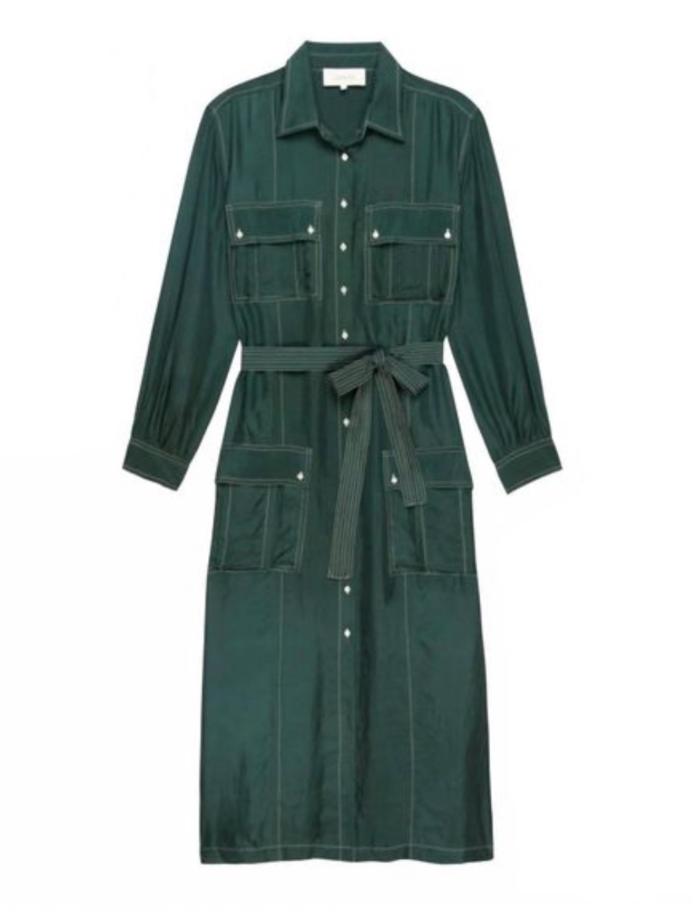 THE GREAT Green Silk Utility Shirt Dress Belted Midi Cargo Pocket Dress  M/L ?